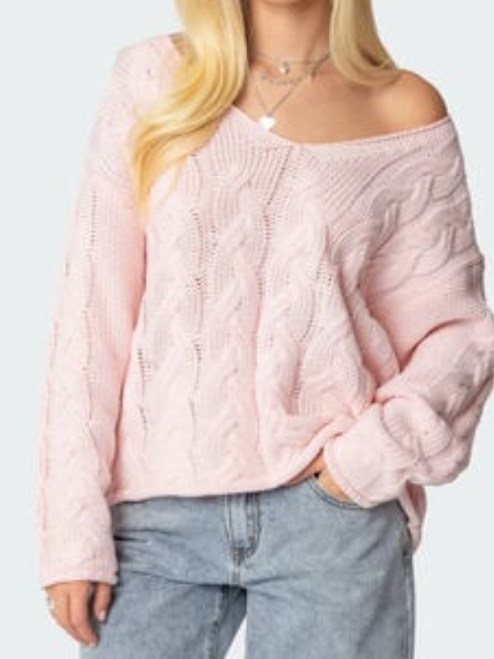 Women’s Pink Cable Knit Off-Shoulder Sweater